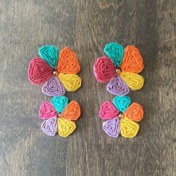 Flower Drop Earrings Floral Raffia Boho Statement Dangle Trendy Cute Earrings - Picture 5 of 9